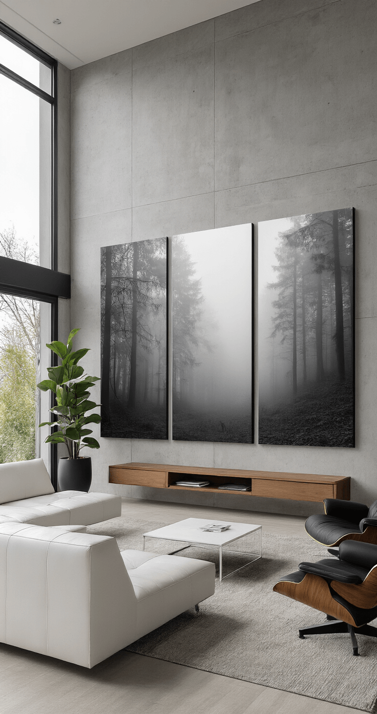 A contemporary minimalist living room with floor-to-ceiling windows, featuring a triptych of black and white forest photographs on a concrete wall, a white leather sectional, black Eames lounge chairs, a walnut media console, and potted fiddle leaf fig trees in matte black planters, illuminated by recessed lighting and LED strips.
