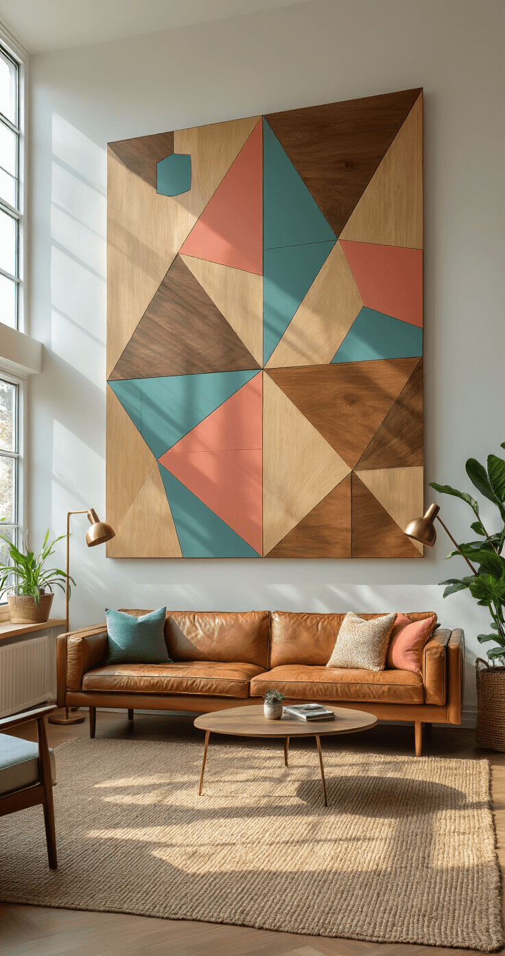 A spacious living room with high ceilings and large windows, featuring a geometric wood wall art piece above a mid-century modern leather sofa. The decor includes brass floor lamps, a jute rug, and a potted fiddle leaf fig, with a warm neutral color palette accented by teal and coral. Natural light streams in, enhancing the wood textures.