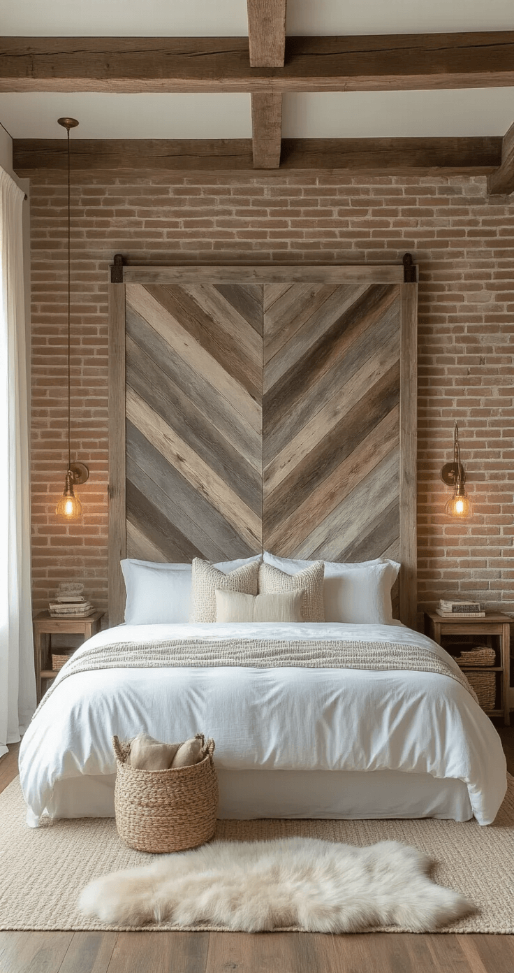 A cozy bedroom featuring exposed brick walls and wooden beams, with soft morning light filtering through sheer curtains. The bed, centered with a large reclaimed wood headboard in a herringbone pattern, is adorned with crisp white bedding. Vintage brass sconces provide a warm glow, complemented by macramé wall hangings, woven baskets, and a sheepskin rug. The color palette includes weathered woods, whites, and warm metallics, captured at eye-level from the front view of the bed.