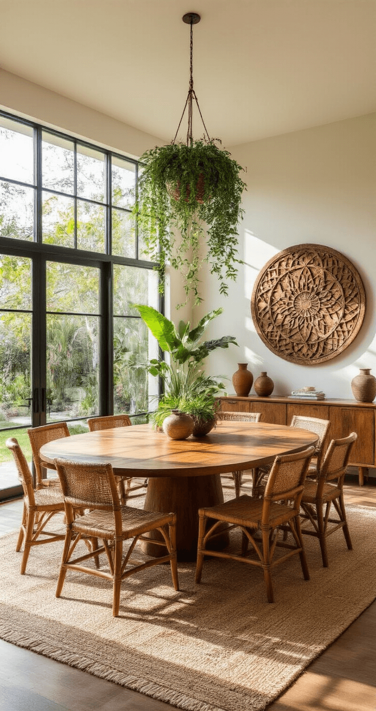 A beautifully designed open-concept dining area features floor-to-ceiling windows overlooking a lush garden, bathed in warm afternoon light. The main attraction is a large circular wooden mandala mounted on a white wall, with a live-edge dining table hosting eight rattan chairs beneath. The space is accented with layered jute and kilim rugs, hanging plants, and ceramic vases, showcasing deep wood tones, creamy whites, and touches of green. An elevated camera angle highlights the mandala and table setting.