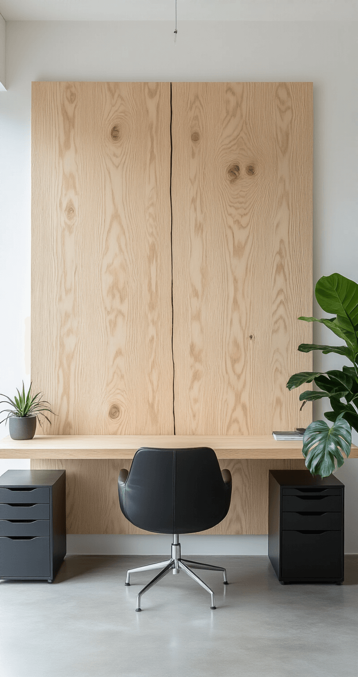 A modern minimalist home office featuring concrete floors and white walls, with diffused midday light illuminating a large light ash wood wall slab and a matching floating desk. A black leather chair and metal filing cabinets provide contrast, while a single large monstera plant adds a touch of greenery. The scene is captured from the doorway, showcasing the clean and bright aesthetic.
