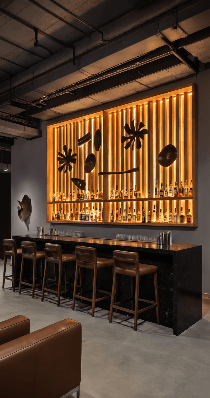 A low-angle view from behind a black granite bar in a contemporary basement bar area, featuring polished concrete floors and exposed ductwork. The glowing backlit cedar slat wall illuminates the space with warm amber light, surrounded by low-slung leather seating and abstract metal wall art.