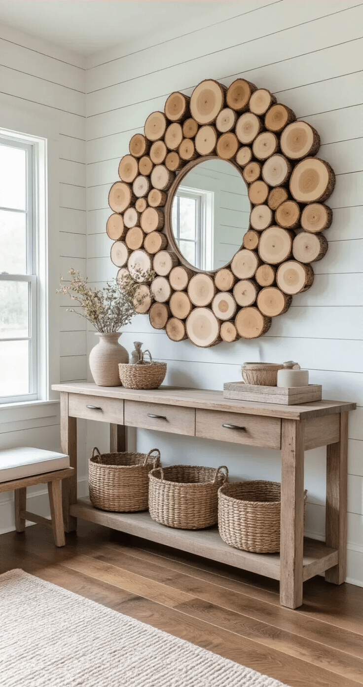 A bright and airy rustic-chic entryway featuring white shiplap walls and hardwood floors, highlighted by a large circular wood slice arrangement with various sizes and soft pastel colors, a reclaimed wood console table styled with vintage decor, a large mirror above it, woven baskets, and a cozy bench.