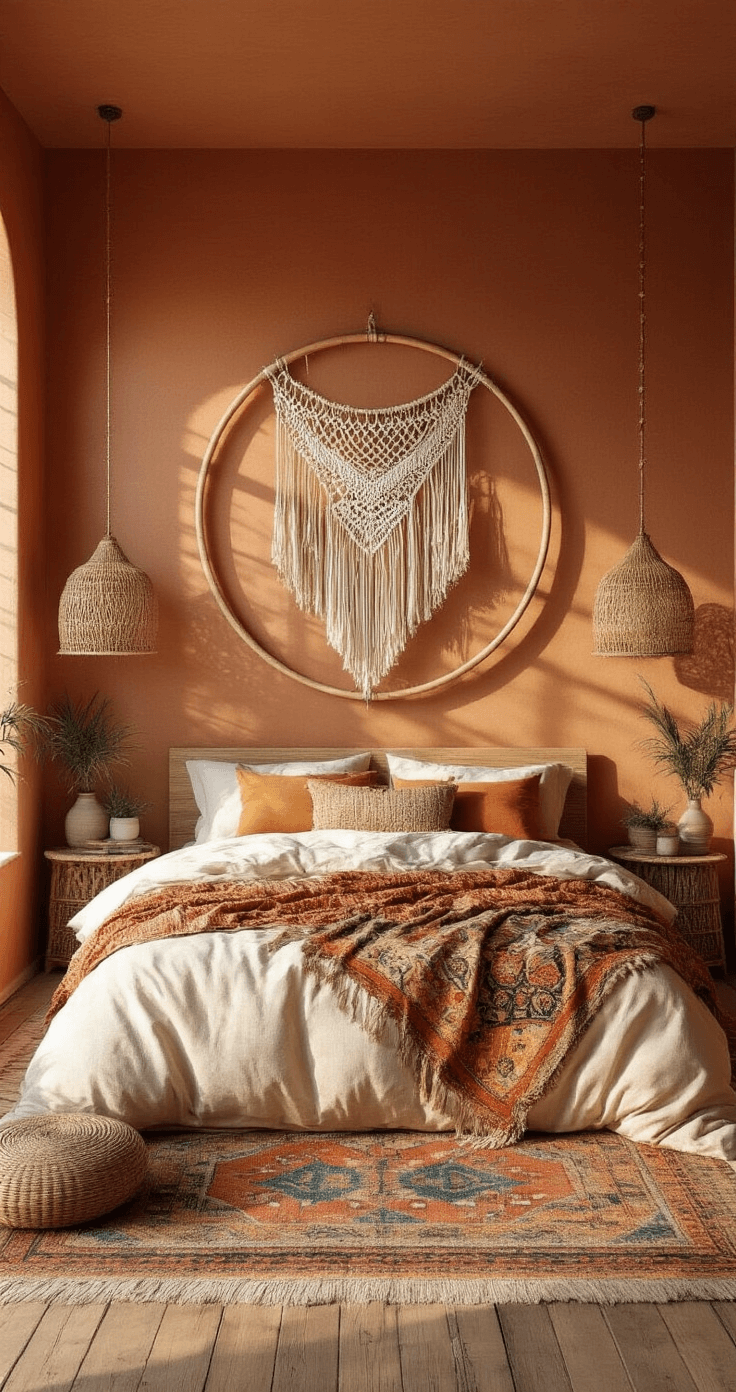 A bohemian-inspired bedroom featuring warm terracotta walls and wide-plank pine floors, illuminated by golden hour sunlight. A large round wooden hoop with intricate macramé work hangs above a layered bed adorned with a colorful Moroccan wedding blanket. Rattan pendant lights and a vintage kilim rug enhance the eclectic decor, with accents of teal and orange throughout.