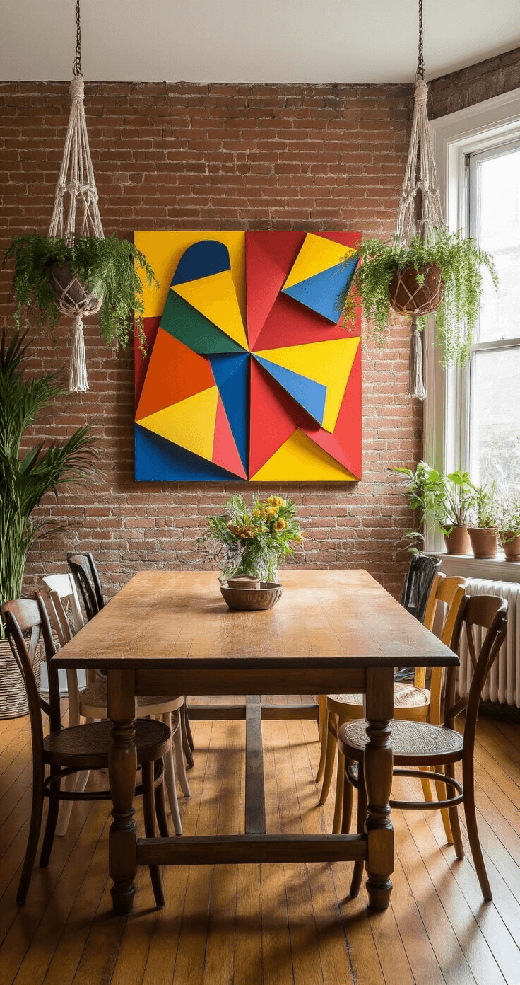 An eclectic dining room with exposed brick walls and hardwood floors, featuring a long farmhouse table surrounded by mismatched vintage chairs. A vibrant 3D metal sculpture in bold colors hangs on the wall, while warm afternoon light spills in from a bay window, illuminating the space and framed by hanging plants.