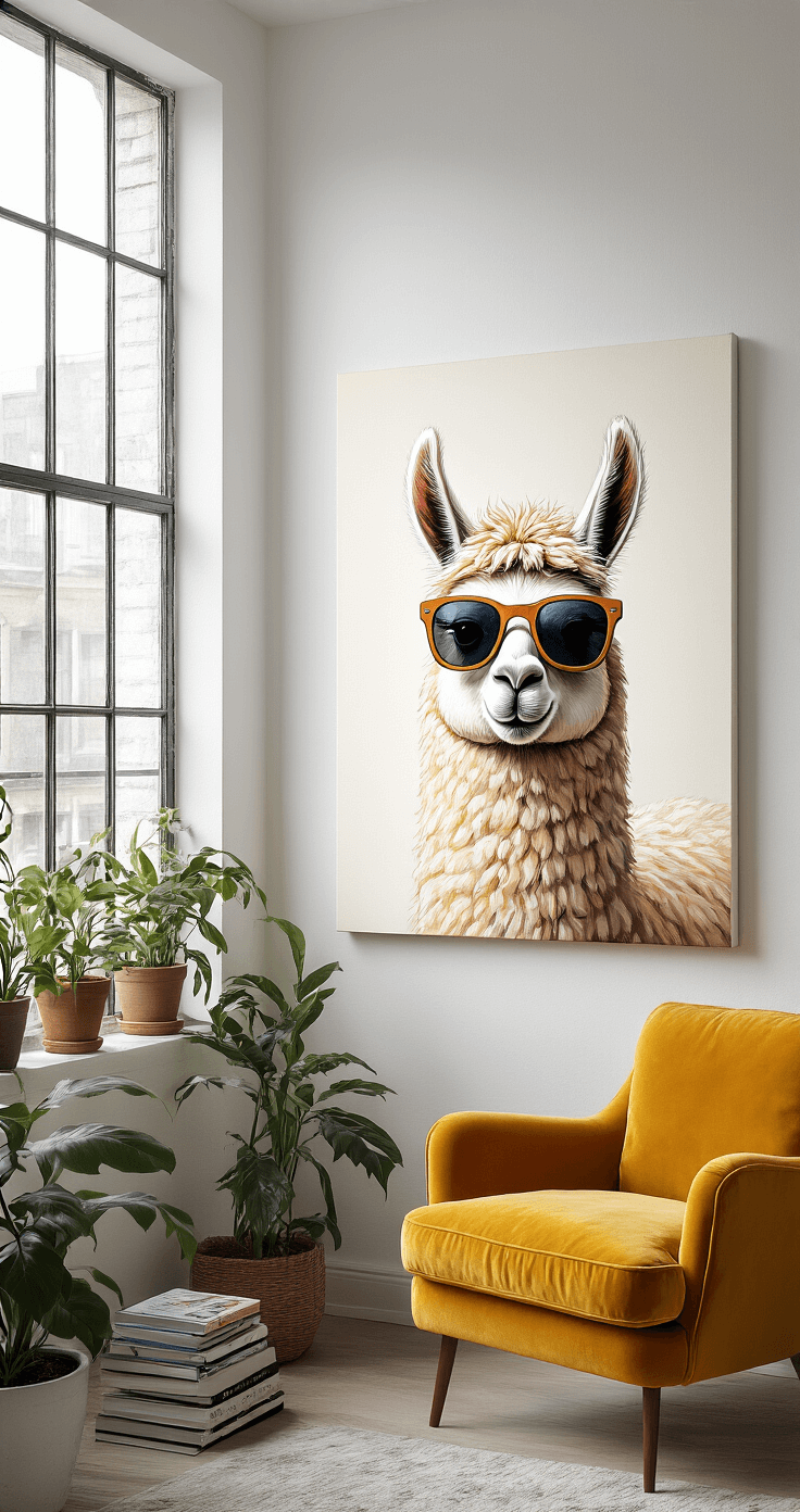 A compact studio apartment with white walls and large industrial windows, filled with soft daylight. In the corner, an oversized whimsical canvas of a llama in sunglasses leans against the wall, accompanied by a mustard yellow velvet armchair, potted plants, and a stack of art books, showcasing a vibrant and playful atmosphere.