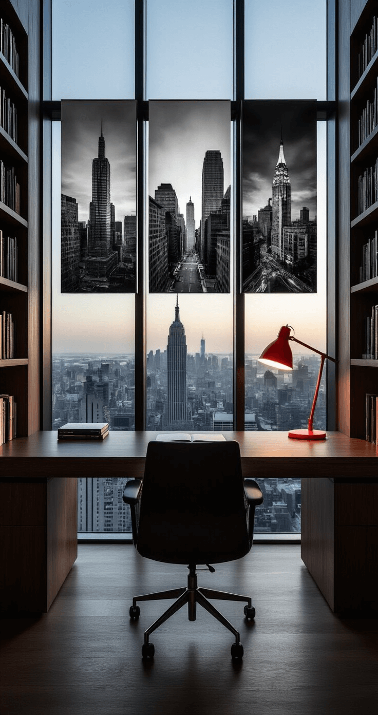 A modern home office featuring floor-to-ceiling windows with a city view at dusk, a dark walnut floating desk, built-in bookshelves, a triptych of black and white architectural photographs, and a striking red task lamp.