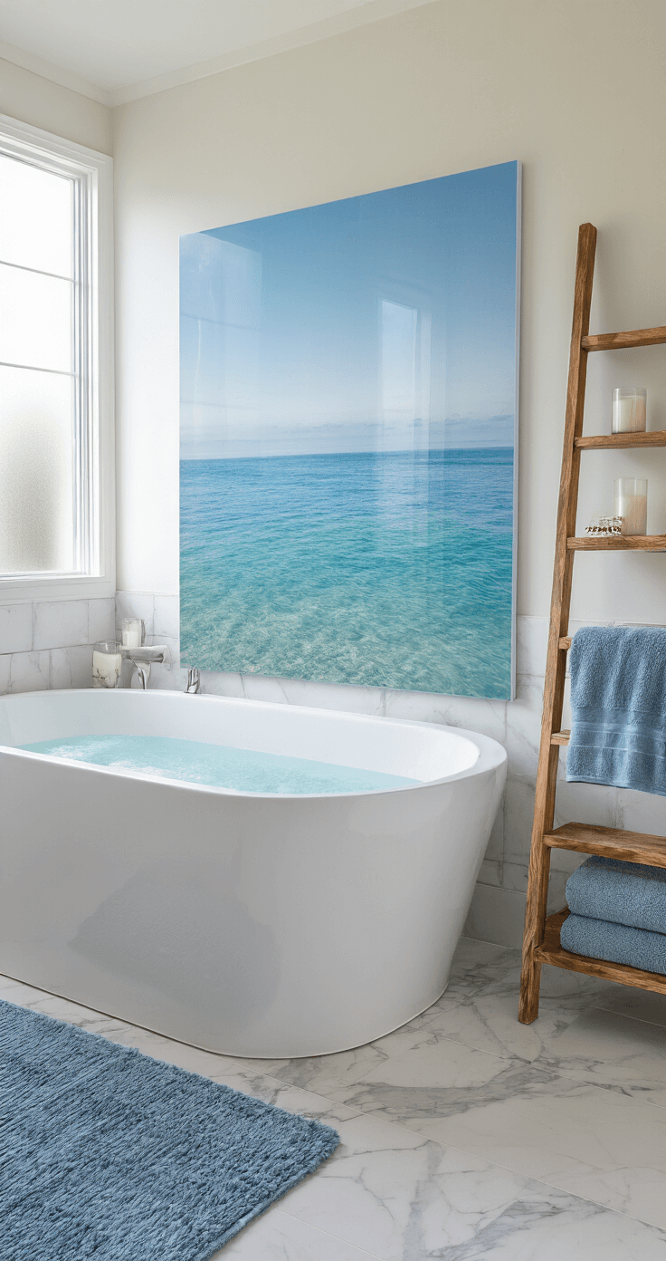 A serene master bathroom featuring a freestanding bathtub on marble tiles, bathed in soft morning light. A large acrylic ocean photograph hangs above the tub, complemented by blue-toned towels and an accent rug. A wooden ladder shelf displays candles and bath products, enhancing the tranquil atmosphere.