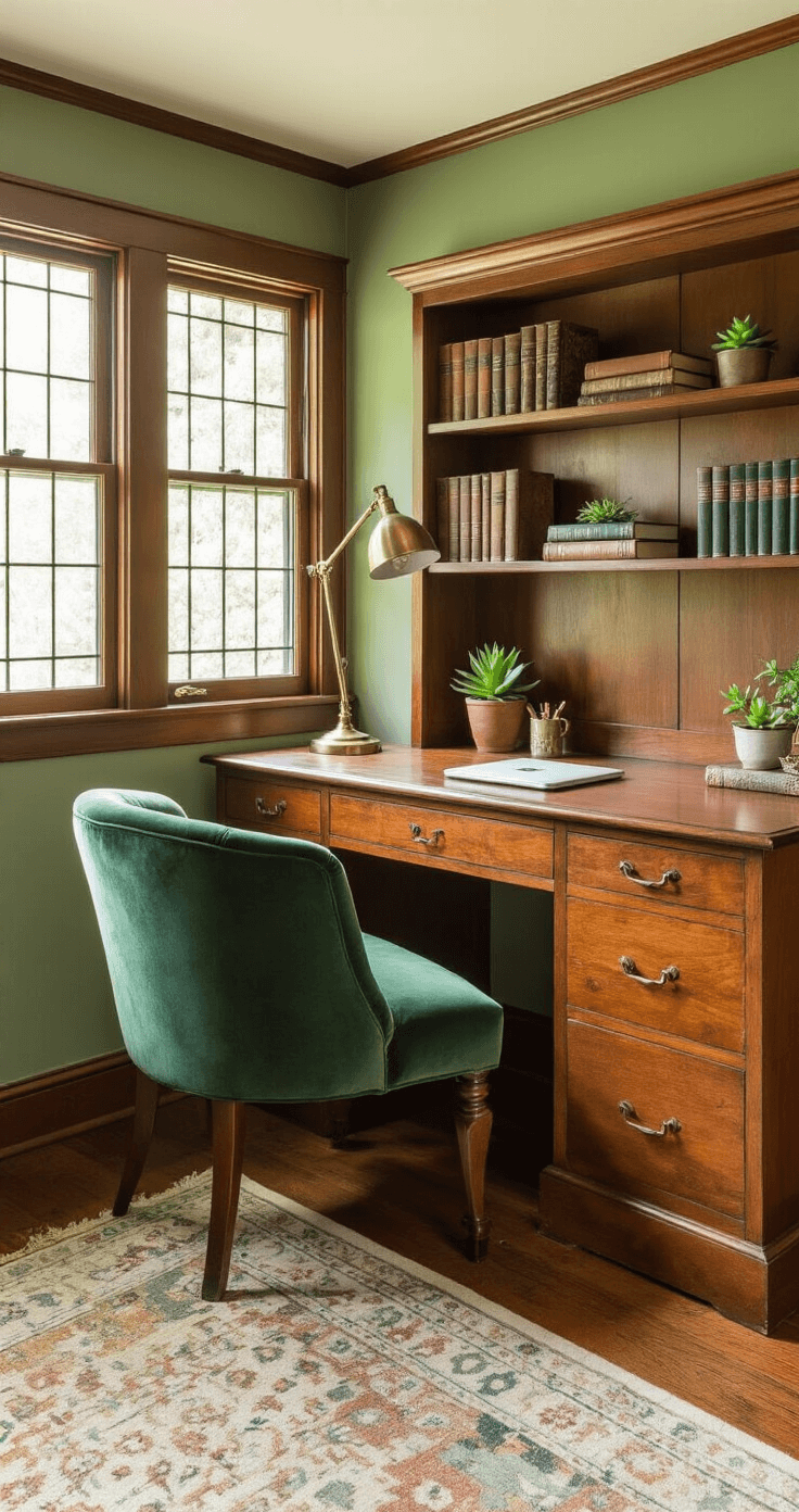 A cozy home office nook under a staircase in a 1920s craftsman-style home, featuring a mahogany built-in desk with vintage books and potted succulents, an emerald green velvet chair, sage green walls, and warm sunlight filtering through a leaded glass window.