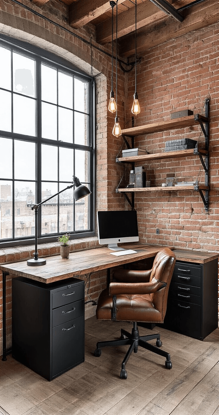 An industrial-chic home office nook with an exposed brick wall, large factory-style windows, a custom reclaimed wood desk with metal pipes, open shelving, a vintage leather office chair, matte black metal file cabinets, and Edison bulb pendant lights, featuring moody lighting that emphasizes the textures.