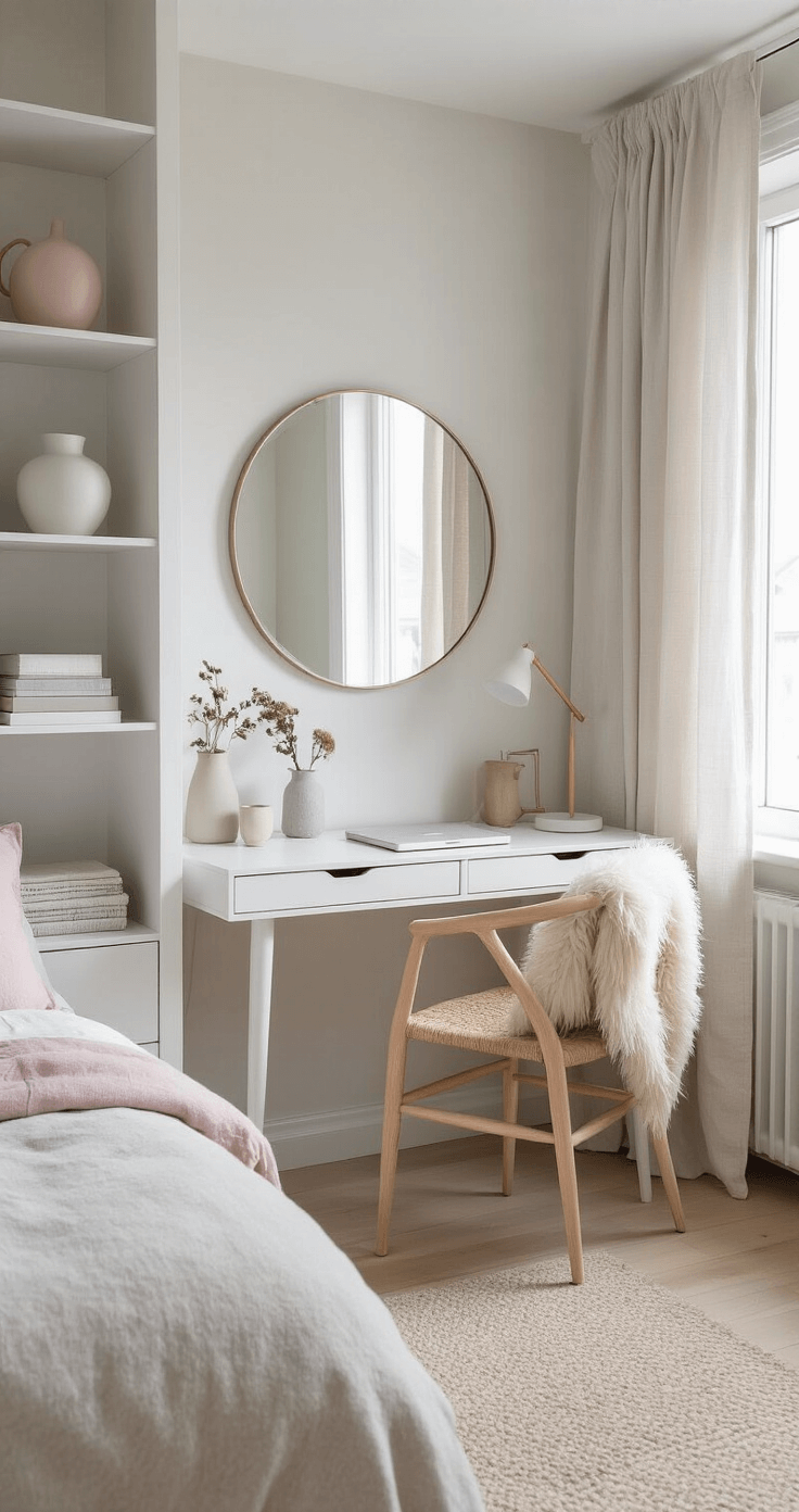 A Scandinavian-inspired home office nook in a bright bedroom, featuring a white desk, round mirror, pale wood chair, open shelving with minimalist decor, and a cozy sheepskin throw, all bathed in soft, natural light.