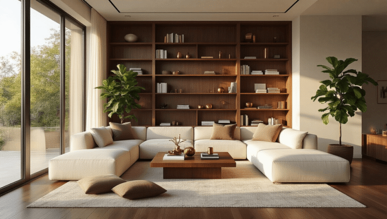A modern living room bathed in golden hour light, featuring a plush ivory sectional sofa, walnut coffee table styled with design books, and a MacBook displaying AI design software on a glass side table, surrounded by elegant decor and rich hardwood floors.
