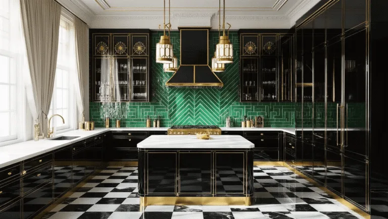 Photorealistic interior of an opulent Art Deco kitchen with black and white checkered marble floors, geometric patterns, a polished brass island with a white quartz top, emerald green tile backsplash, high-gloss black lacquer cabinets, vintage barware, and soft morning light casting intricate shadows.