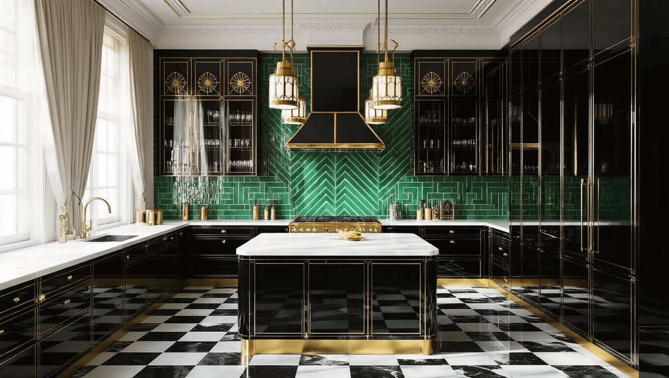 Photorealistic interior of an opulent Art Deco kitchen with black and white checkered marble floors, geometric patterns, a polished brass island with a white quartz top, emerald green tile backsplash, high-gloss black lacquer cabinets, vintage barware, and soft morning light casting intricate shadows.