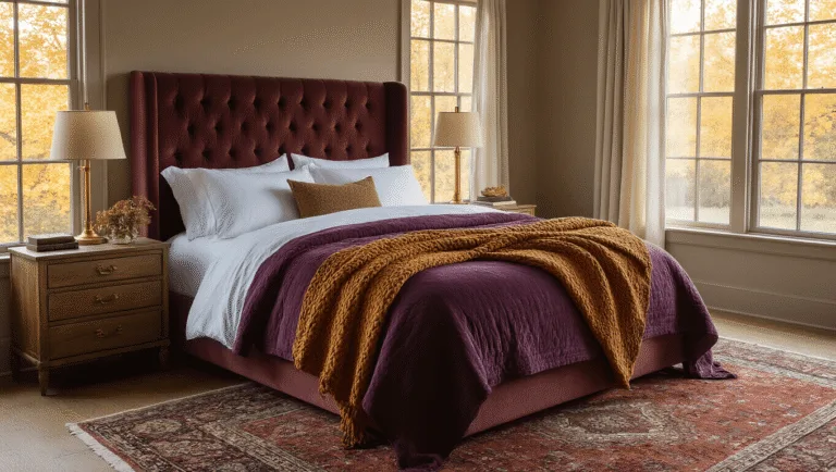 A luxurious autumn-themed master bedroom featuring a king-size bed with rich textures, a tufted rust-colored velvet headboard, warm lighting from brass lamps, and large windows showcasing fall foliage outside, all captured in 8K resolution.