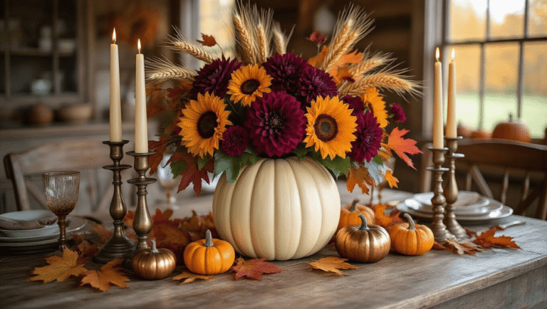 A rustic farmhouse dining room at golden hour featuring a cream faux pumpkin vase filled with burgundy dahlias, orange sunflowers, and wheat stalks, surrounded by brass candlesticks and copper gourds, with warm sunlight illuminating the scene.