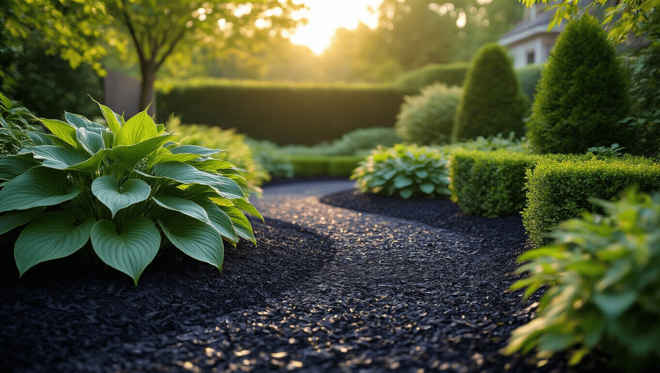 Photorealistic wide-angle view of a modern garden with rich black mulch, vibrant green hostas, and boxwood shrubs, highlighted by morning dew and professional landscape lighting during golden hour, showcasing clean curved garden beds and varied mulch textures.
