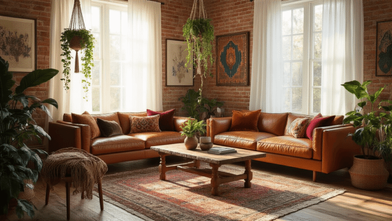 Photorealistic wide-angle shot of a sun-drenched bohemian living room featuring a cognac leather sofa, jewel-toned cushions, a vintage Moroccan rug, and a gallery wall, all bathed in golden hour light.
