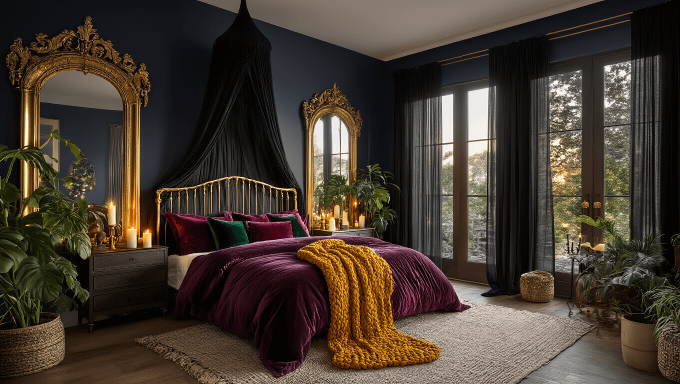 A luxurious boho-inspired bedroom with a vintage brass king-size bed, jewel-toned velvet pillows, and a macramé canopy, illuminated by golden hour light streaming through sheer black curtains and enhanced by candlelight reflections and ambient string lights.
