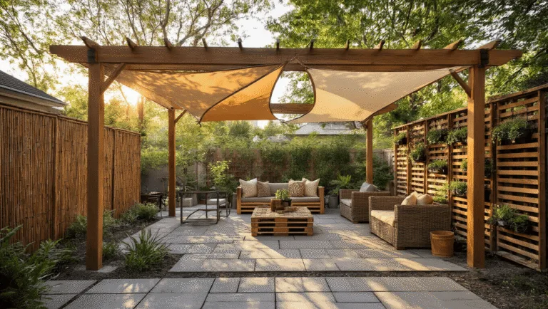 Cinematic overhead view of a budget-friendly patio with a cedar pergola and triangular shade sails, featuring bamboo fencing, modular furniture, vertical gardens, and warm lighting, creating a serene outdoor retreat at golden hour.
