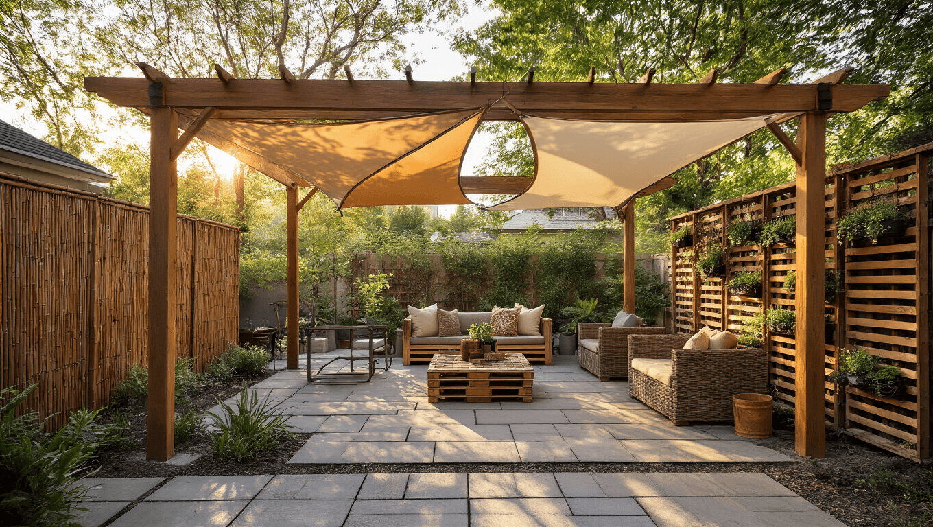 Cinematic overhead view of a budget-friendly patio with a cedar pergola and triangular shade sails, featuring bamboo fencing, modular furniture, vertical gardens, and warm lighting, creating a serene outdoor retreat at golden hour.