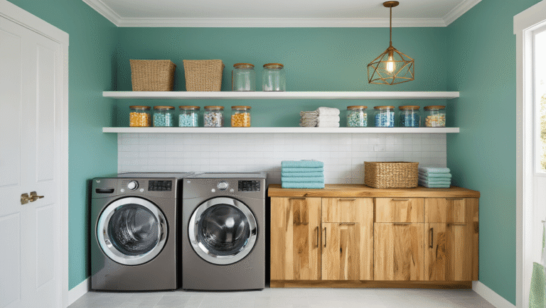 Brightly transformed laundry room with seafoam green walls, white trim, wooden counter, organized glass jars, and ambient lighting, showcasing a functional and stylish space under a $300 budget.
