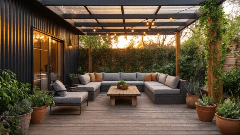 Cinematic wide-angle shot of a budget-friendly patio with mixed-material cover, featuring a gray sectional sofa, rustic wood coffee table, terracotta succulents, and string lights at golden hour.