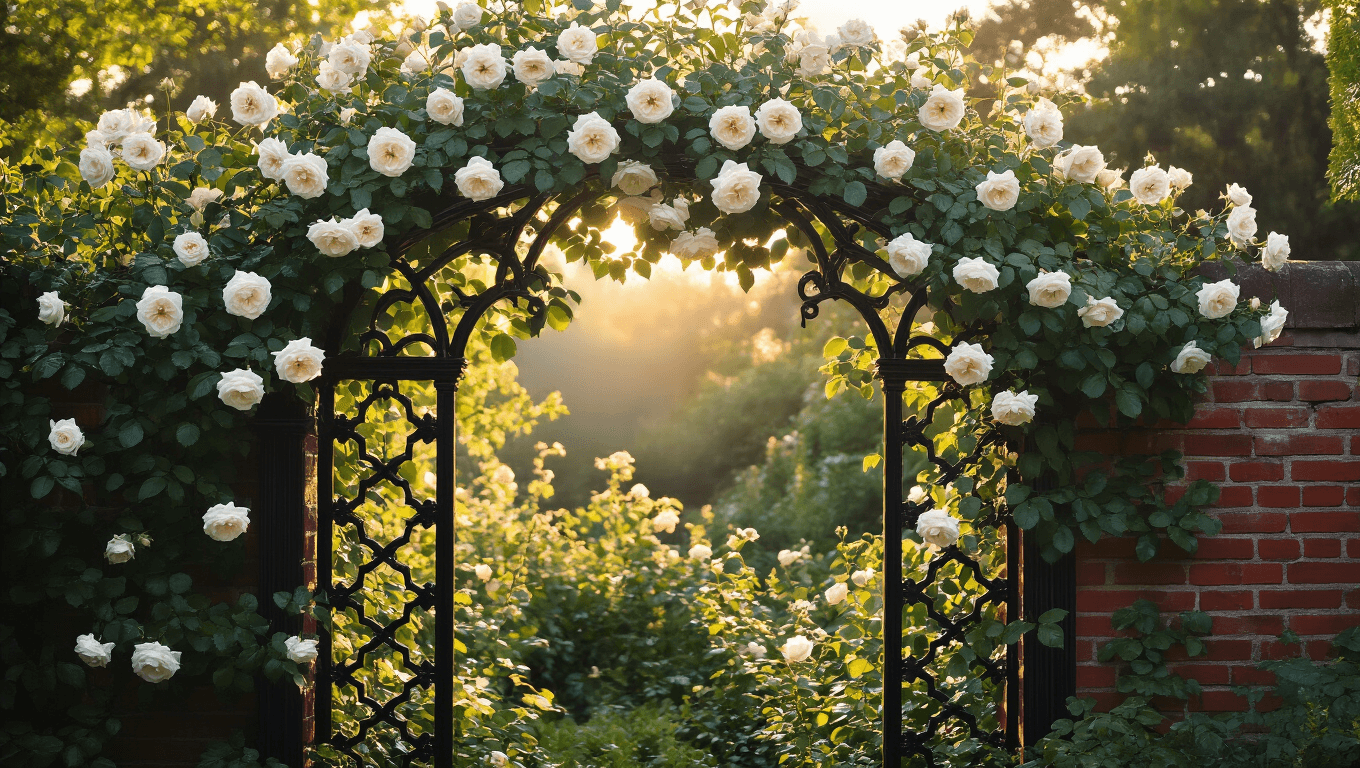 A photorealistic wide shot of a majestic Victorian garden wall with a 12-foot ornate black wrought-iron trellis adorned with climbing 'Iceberg' roses in full bloom, captured during golden hour with dappled sunlight illuminating the white petals against weathered red brick.