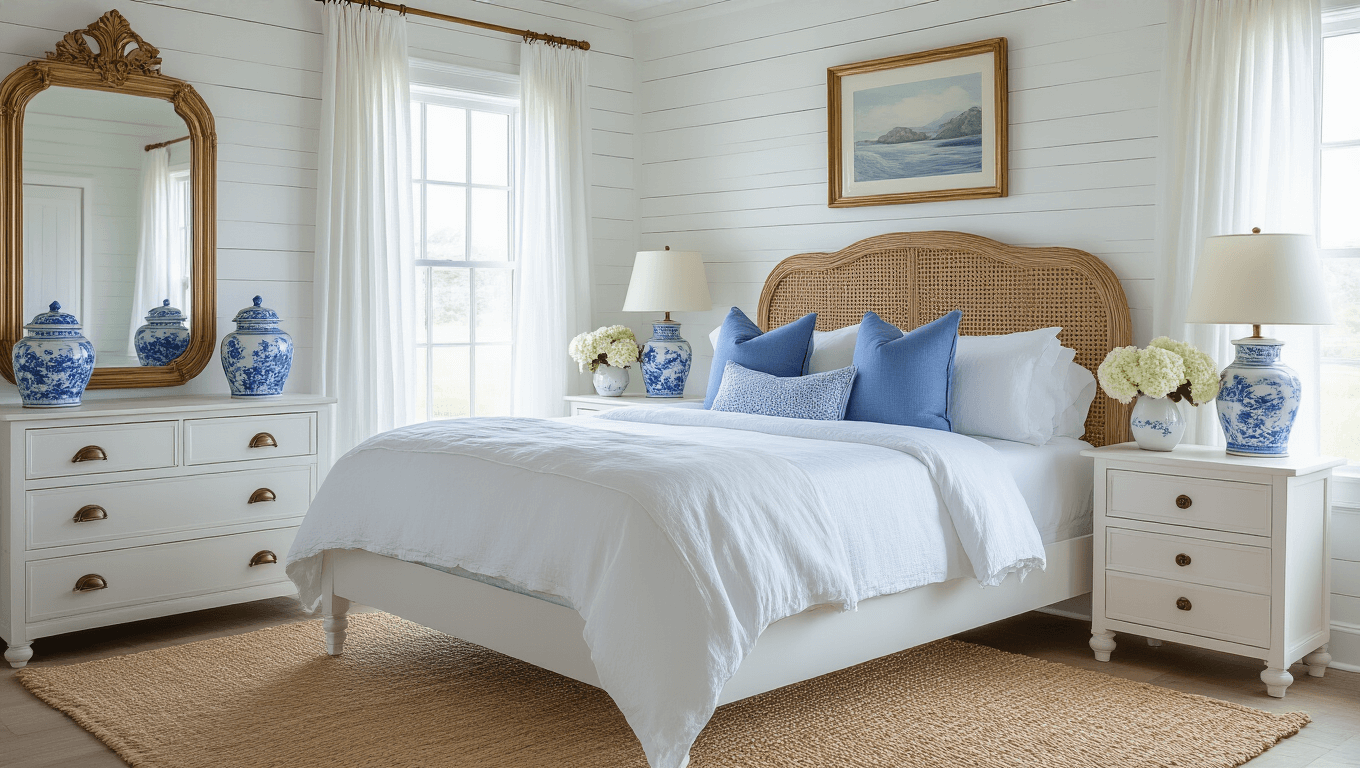 Photorealistic interior of a coastal cottage bedroom featuring soft morning light, a queen-size bed with blue and white decor, rattan headboard, white shiplap walls, and elegant accents such as ginger jar lamps and chinoiserie vases.