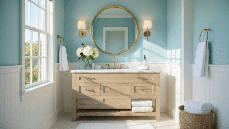 Creating the Perfect Guest Bathroom Decor: A Comprehensive Guide Photorealistic image of a luxurious guest bathroom featuring sea-glass blue walls, a weathered oak floating vanity with a white marble countertop, a round brass-framed mirror, and fresh white hydrangeas, all illuminated by golden hour light through a large window.