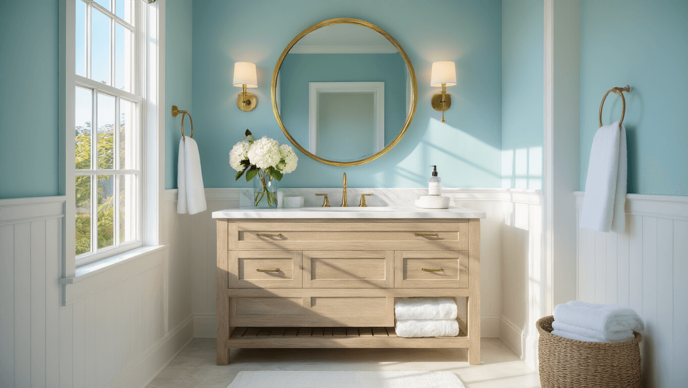 Photorealistic image of a luxurious guest bathroom featuring sea-glass blue walls, a weathered oak floating vanity with a white marble countertop, a round brass-framed mirror, and fresh white hydrangeas, all illuminated by golden hour light through a large window.
