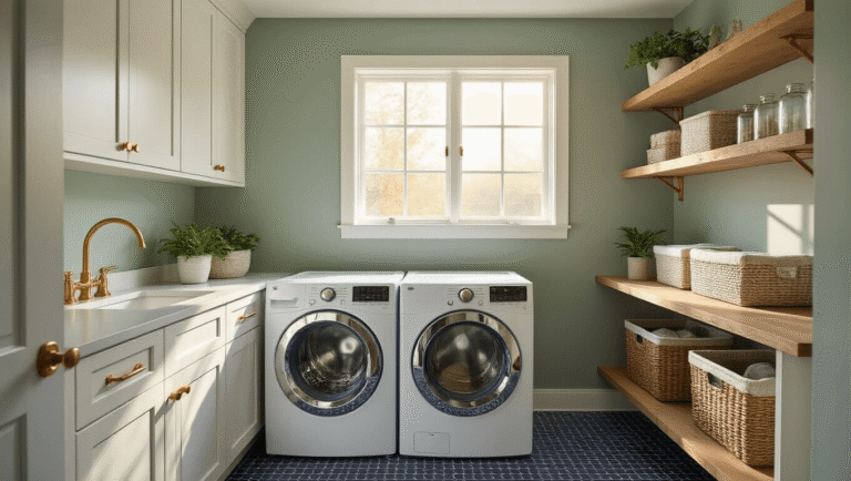Compact laundry room transformation featuring sage green walls, brass hardware, white shaker cabinets, slate gray washer and dryer, quartz countertop, reclaimed wood shelves, navy blue penny tile flooring, and ambient lighting.
