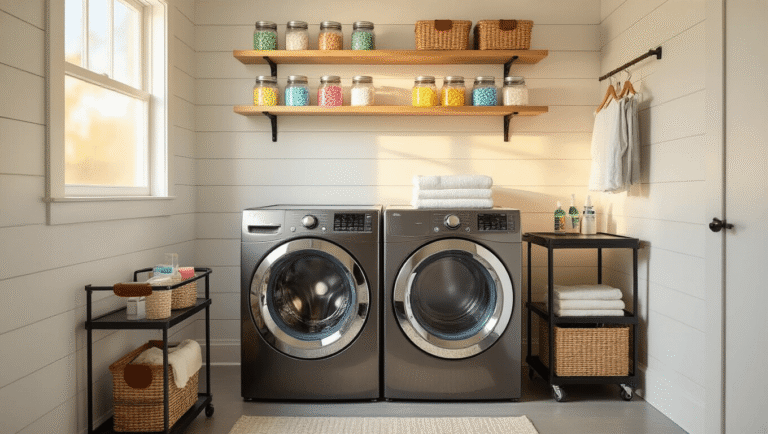 Compact laundry room with shiplap walls, floating shelves of colorful detergent jars, chrome washer and dryer, black rolling cart of cleaning supplies, bronze drying rack, rattan baskets, over-the-door organizer, sage green hexagonal tile, round mirror reflecting light, coastal color palette, warm golden hour sunlight.