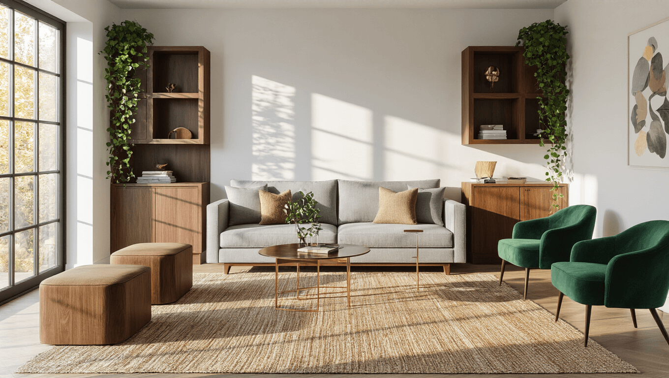 Cinematic wide-angle shot of a compact living room featuring a dove grey sofa bed, walnut storage ottomans, geometric floating shelves, layered rugs, and cascading pothos plants, all illuminated by warm golden hour light, showcasing multifunctional furniture and vertical storage solutions.