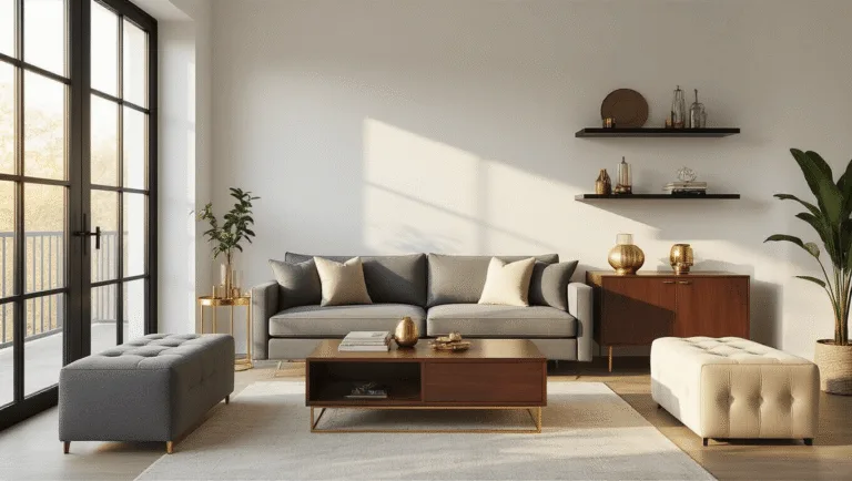 A compact, modern living room featuring a grey convertible sofa, walnut lift-top coffee table, nesting tables, and a cream velvet storage ottoman, with vertical storage shelves and an antiqued mirror, all bathed in warm golden hour light.