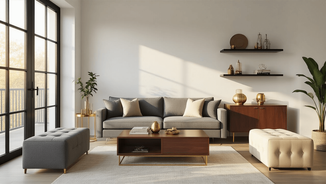 A compact, modern living room featuring a grey convertible sofa, walnut lift-top coffee table, nesting tables, and a cream velvet storage ottoman, with vertical storage shelves and an antiqued mirror, all bathed in warm golden hour light.