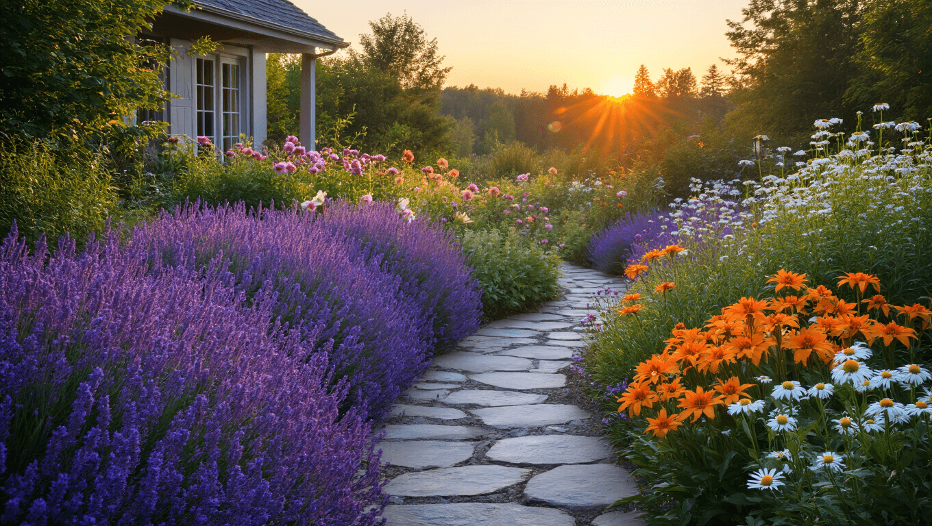 A wide-angle photograph of a lush cottage garden at sunset, featuring purple Catmint and Russian Sage, a winding stone pathway bordered by pink Coneflowers, orange Daylilies, and white Shasta Daisies, with 'Rozanne' Geraniums spilling onto the path, deep purple Salvia in the middle ground, a wooden fence with climbing roses in the background, backlit by the setting sun, creating a magical atmosphere.