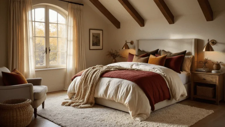 A luxurious queen-sized bedroom bathed in warm golden light, featuring a plush burnt orange velvet comforter, deep green and burgundy pillows against a tufted headboard, a carved pumpkin on a wooden nightstand, and herringbone hardwood floors with a Persian rug.