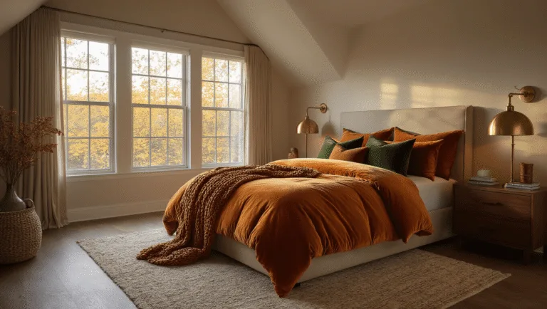 Luxurious autumn master bedroom with vaulted ceiling, king-size bed in fall colors, warm natural lighting, and rustic accents, creating a cozy atmosphere.