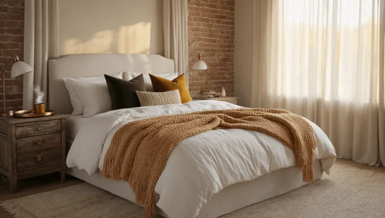 Photorealistic interior of a luxurious master bedroom at golden hour, featuring a king-size bed with textured bedding in warm autumn tones, a distressed walnut nightstand, and a vintage brass floor lamp, all illuminated by soft sunlight through sheer curtains.