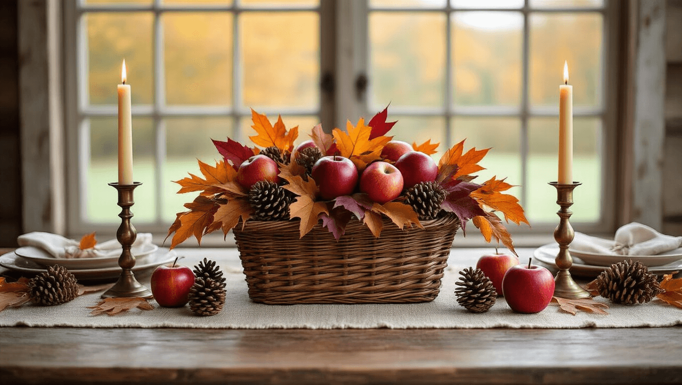 A rustic farmhouse dining table centerpiece featuring a wicker basket filled with autumn leaves, pinecones, and red apples, flanked by vintage brass candlesticks with cream taper candles, on a textured linen runner against a distressed wood table, captured in warm golden hour light.
