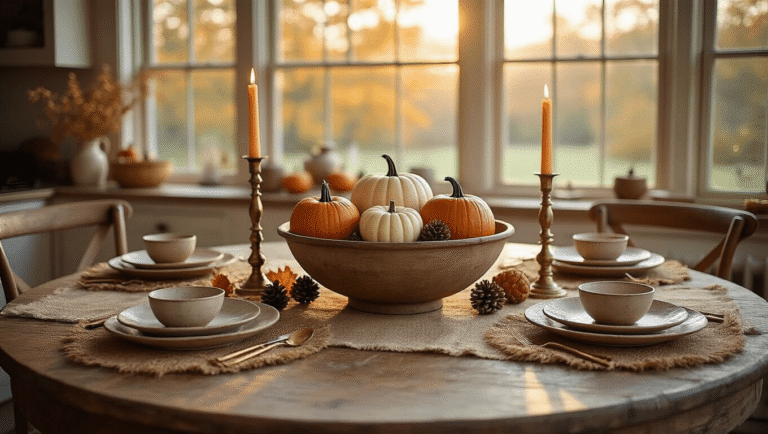 A cozy autumn kitchen table setting featuring a weathered oak round table adorned with a burlap runner, an antique dough bowl filled with mini pumpkins, pinecones, and dried leaves, tall brass candlesticks with flickering candles, vintage stoneware plates, and a chunky knit burgundy throw, all bathed in warm golden hour light.