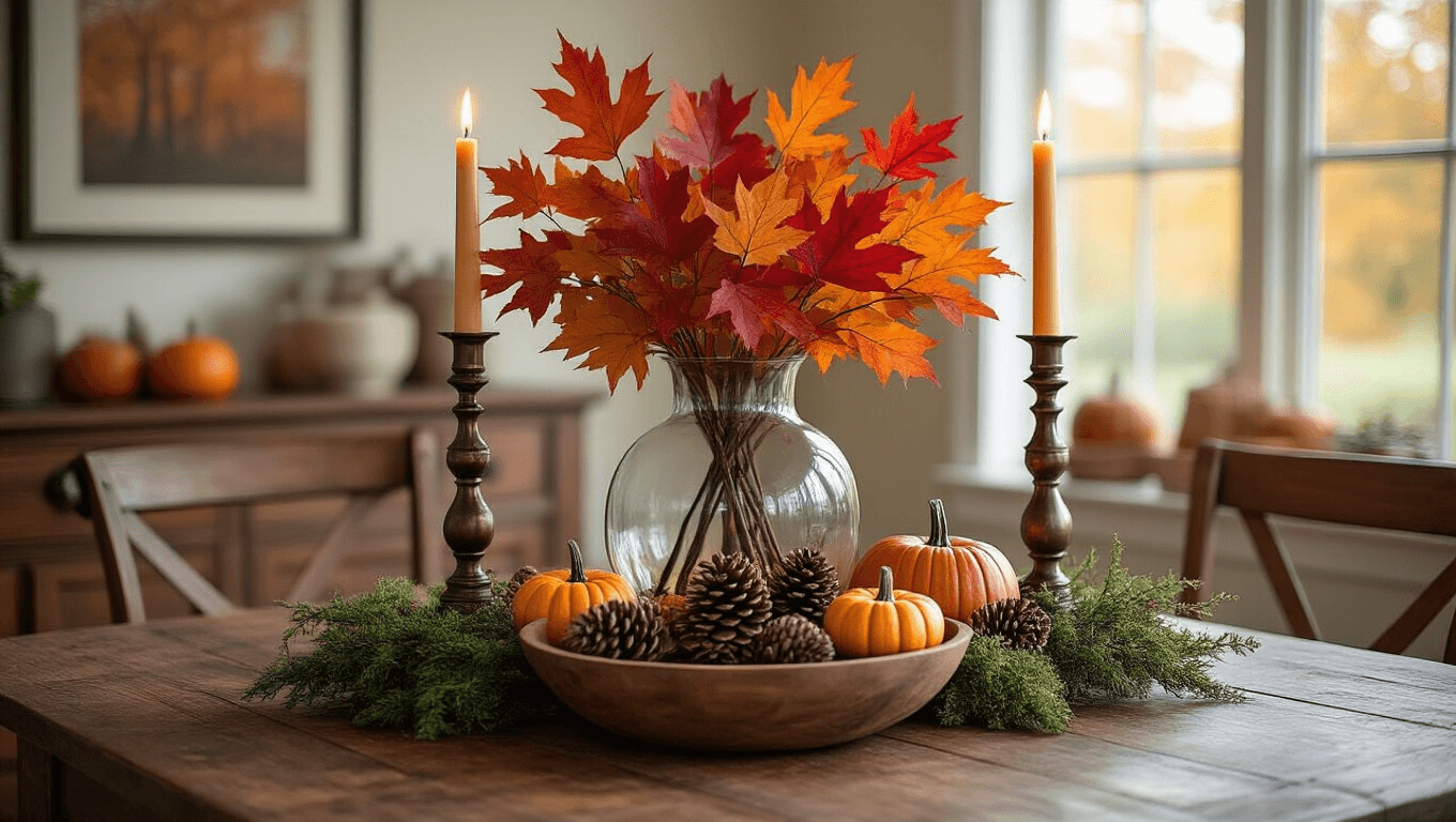 Cinematic photograph of a cozy autumn dining centerpiece featuring a large glass vase filled with vibrant red and orange maple leaves, tall bronze candlesticks with glowing candles, and a weathered wooden bowl with pinecones and sugar pumpkins, set on a rustic wooden table under warm golden hour lighting.