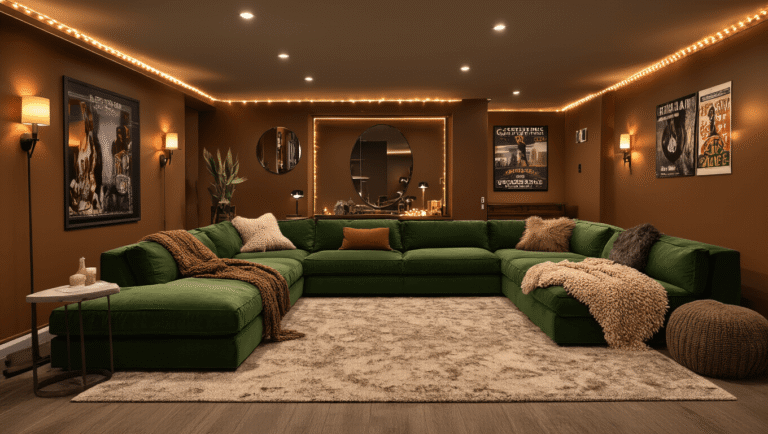 Photorealistic interior of a luxurious basement living space with warm mood lighting, featuring a large green velvet sectional, textured throws, rich caramel-colored walls, and dark wood accents, enhanced by strategically placed lighting and personal decor.