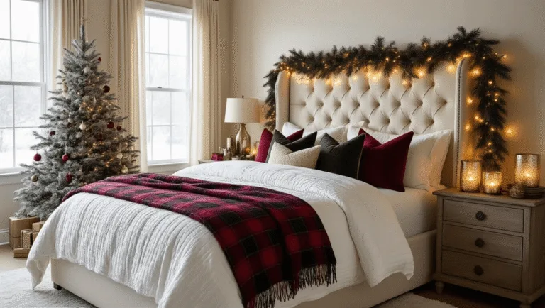 Luxurious master bedroom at golden hour, featuring a king-sized bed with a white quilted duvet, red plaid throws, and textured pillows; grand tufted headboard with fairy lights and pine garland; flickering LED candles on oak bedside tables; minimal Christmas decor with a small flocked tree and vintage ornaments; warm natural light through sheer curtains creating a cozy atmosphere.