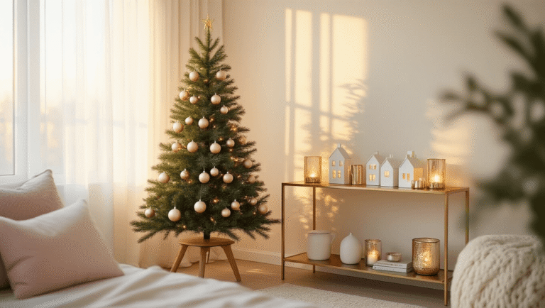 Photorealistic interior of a minimalist apartment corner with a 6-foot slim Christmas tree adorned with blush pink and gold ornaments, warm white LED lights, and natural sunlight filtering through sheer curtains, featuring a brass console table with holiday decor, soft cream walls, and textured blush pillows, captured with shallow depth of field and a warm golden glow.