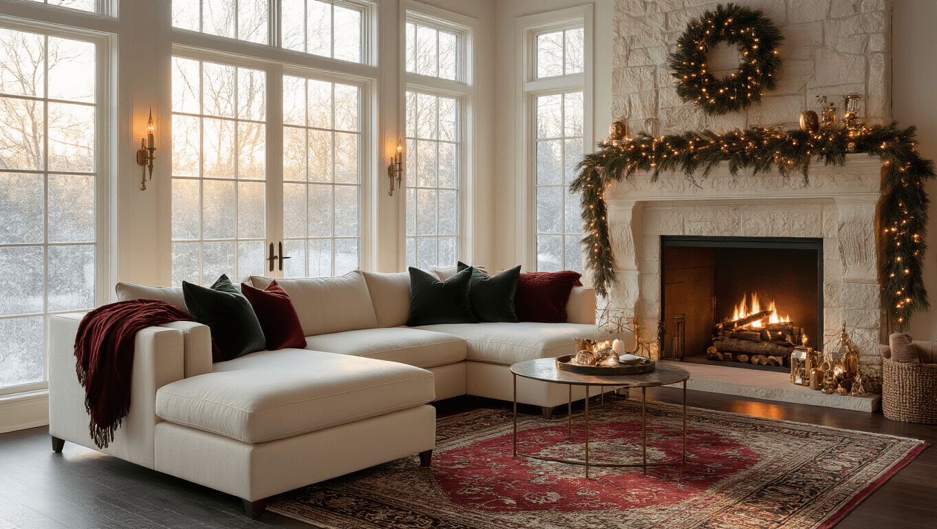 A cozy Christmas living room at golden hour, featuring a plush L-shaped sectional with velvet and cashmere throws, a limestone fireplace adorned with a pine garland and string lights, and a decorated noble fir tree in the corner, all captured in warm, soft light with a shallow depth of field.