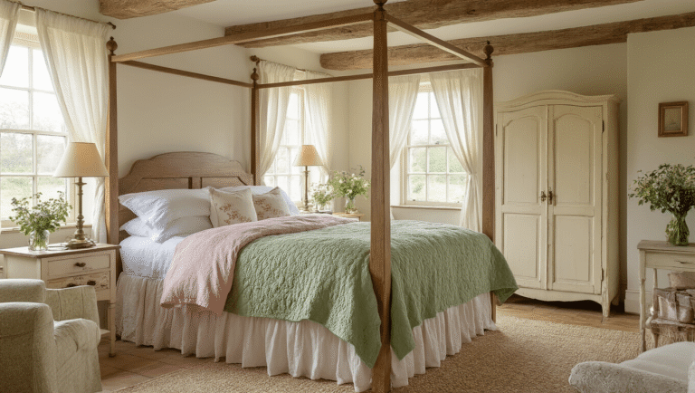Dreaming of an English Cottage Bedroom? Let's Make It Happen! A cozy English cottage bedroom bathed in soft morning light, featuring a weathered oak four-poster bed with layered sage green quilts and dusty rose linens, antique brass lamps on mismatched nightstands, exposed wooden beams, and a distressed cream armoire adorned with wildflowers.