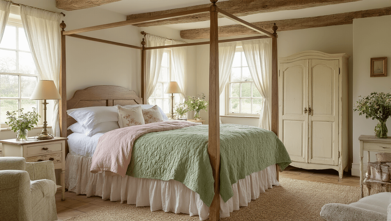 A cozy English cottage bedroom bathed in soft morning light, featuring a weathered oak four-poster bed with layered sage green quilts and dusty rose linens, antique brass lamps on mismatched nightstands, exposed wooden beams, and a distressed cream armoire adorned with wildflowers.