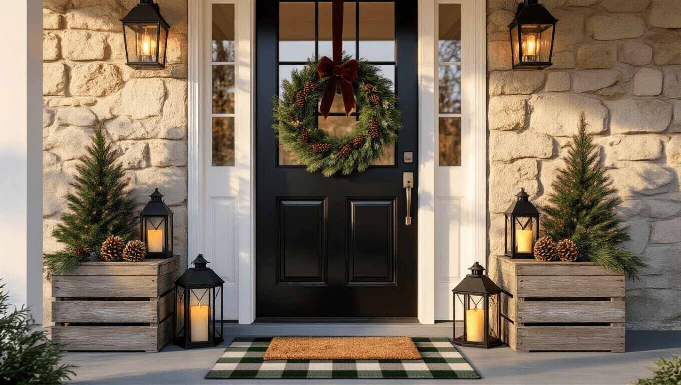 A cozy Christmas porch featuring a black door with an evergreen wreath, black iron lanterns, and a buffalo check doormat, bathed in warm golden hour light.